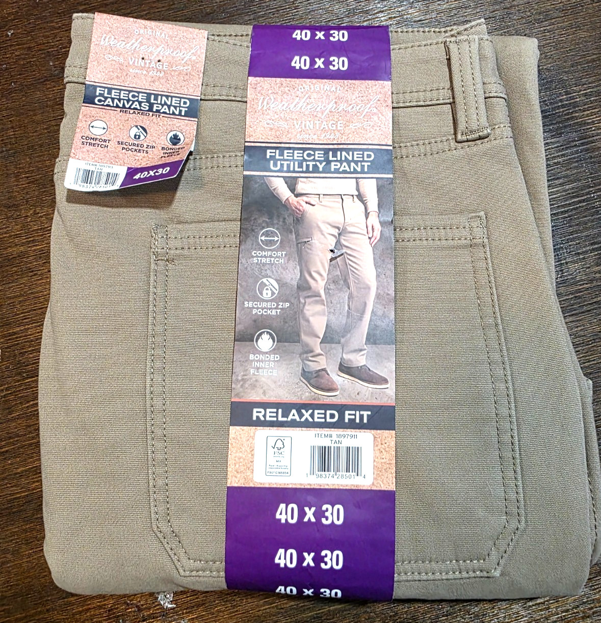 Vintage Weatherproof Men’s Fleece Stretch Canvas Regular Fit Pants, Wheat 40×30