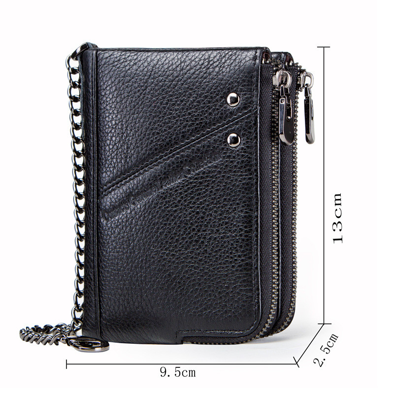 RFID Steel Chain Men’s Genuine Leather Double Zipper Wallet Hi-Q Card Holder