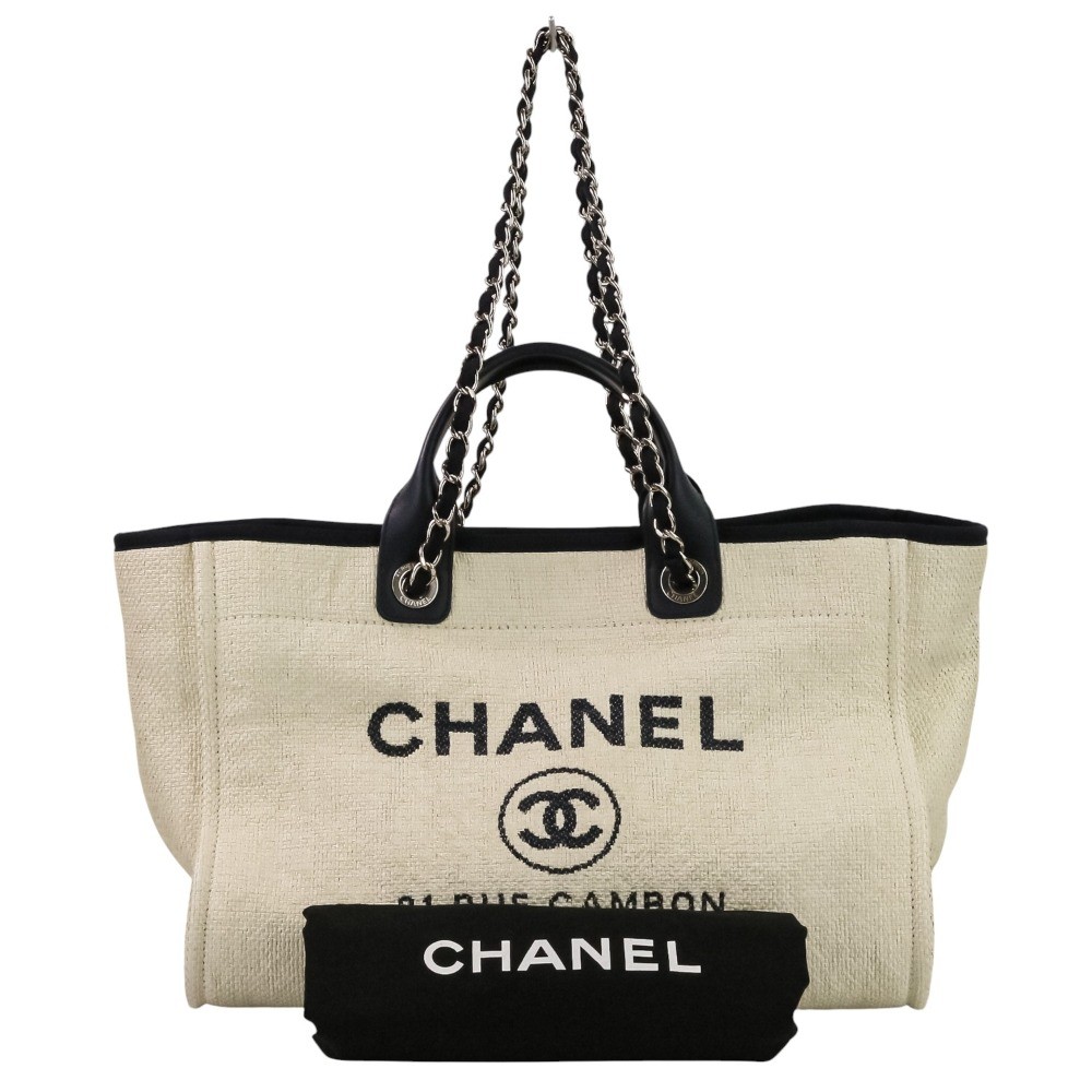 CHANEL Deauville GM Chain Tote Bag in Navy and White Women USED