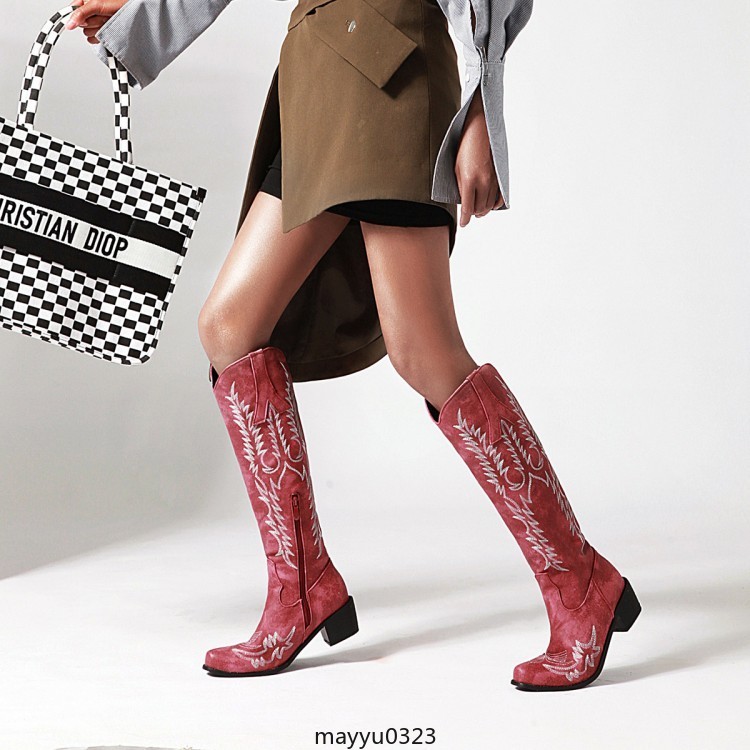 Womens Embossed Zip Mid Block Heel Cowgirl Mid Calf Knee High Boots Western PLus