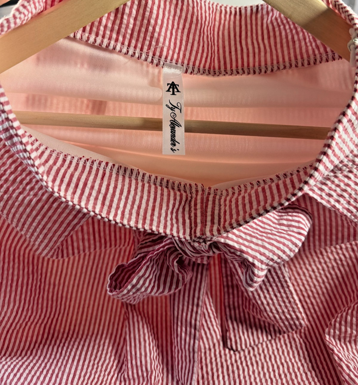 Ty Alexander’s Red White Seersucker Pinstripe Bow Mini Skirt Women’s Made In USA