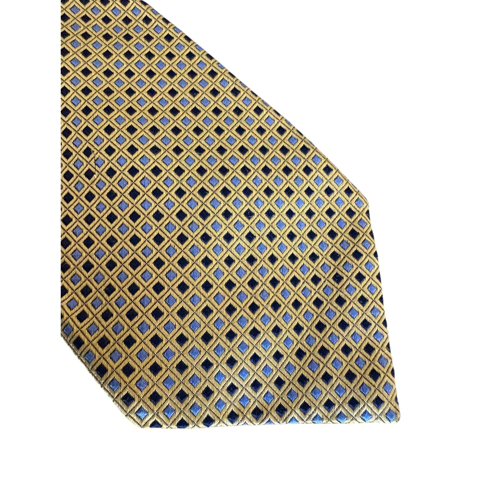 Corporate Image for Tom James 100% Silk Tie Gold Blue Geometric Diamond Pattern