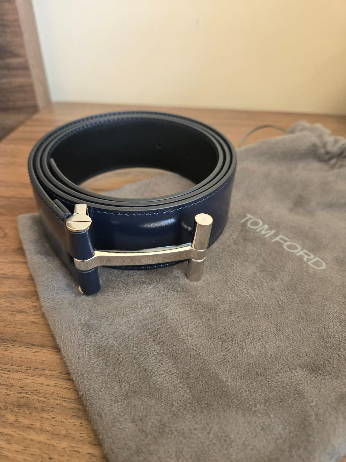 TOM FORD T BUCKLE SMOOTH LEATHER BELT NAVY BLUE SILVER 95CM BRAND NEW FREE SHIP