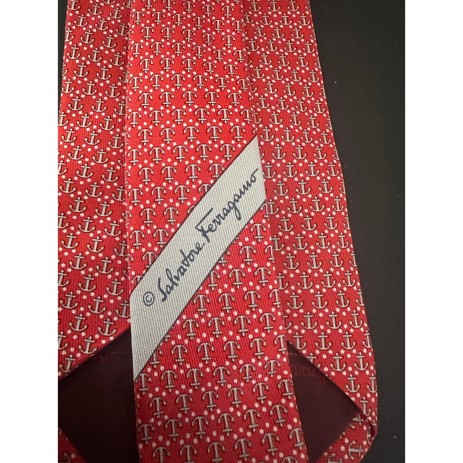 Salvatore Ferragamo Red Anchor Silk Tie Made In Italy 100% Silk Nautical 3.25″