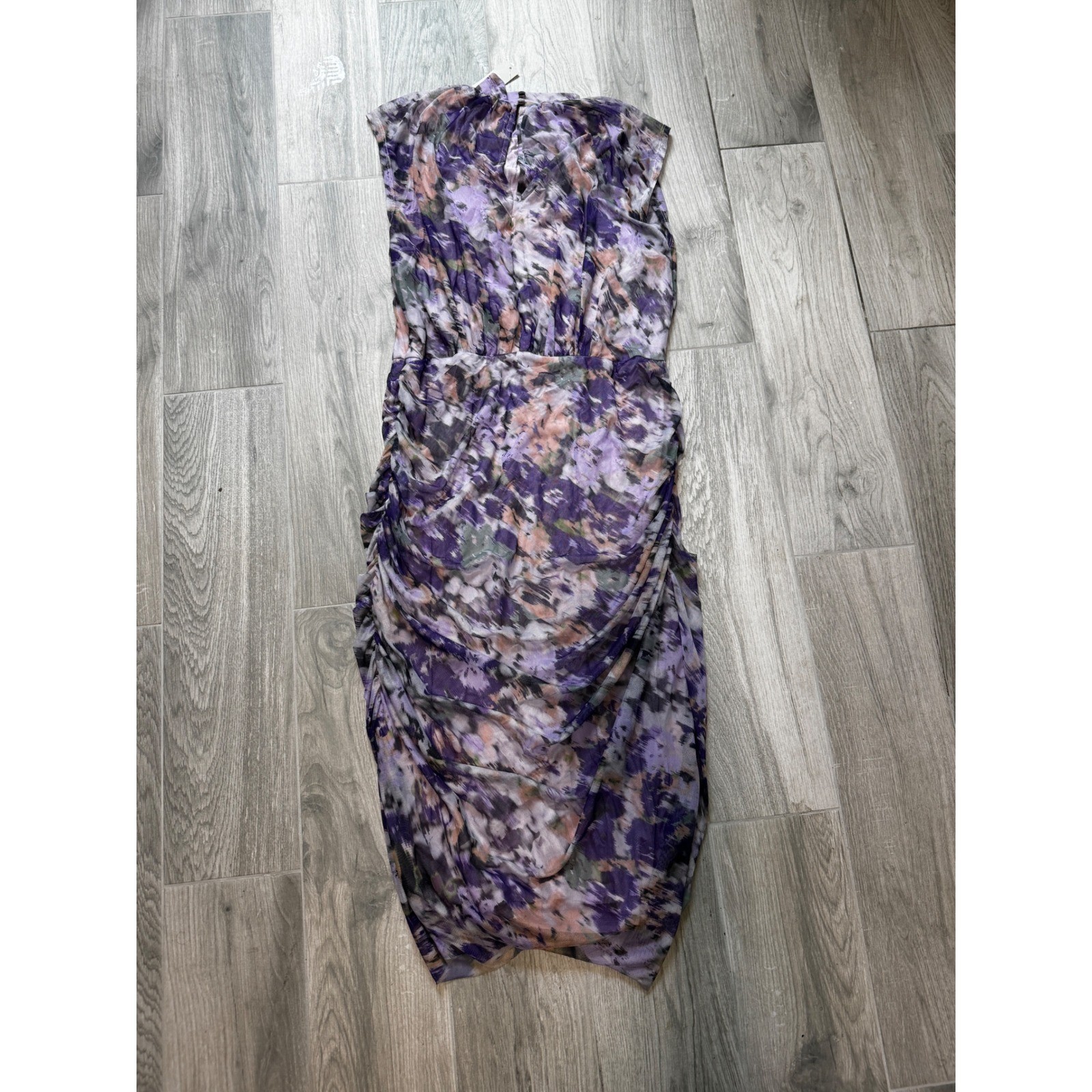 Chicos Ruched Mesh Midi Dress Purple Floral Sleeveless Mock Neck Size 2 L 12/14