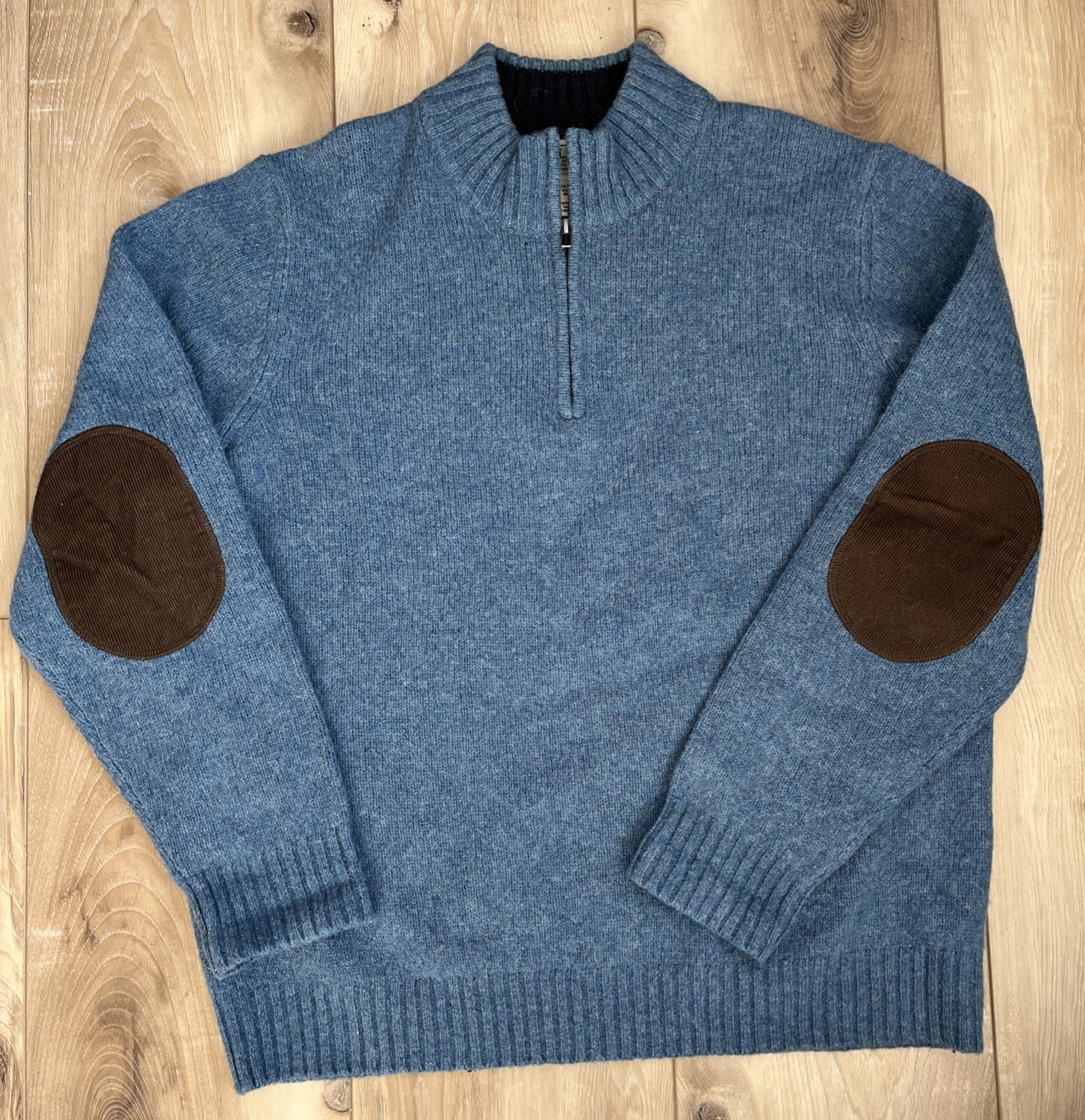 LL Bean Mens 100% Wool Shetland Sweater 1/4 Zip Pullover Elbow Patch Blue Size L