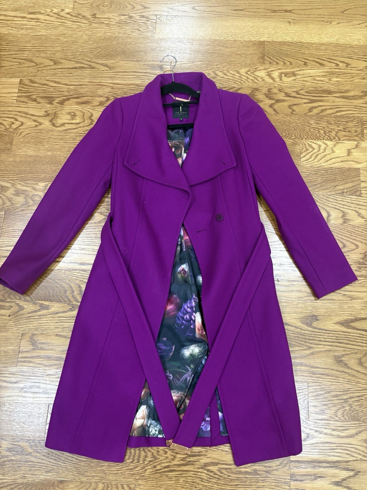 Ted Baker Magenta Wool Trench Coat With Floral Lining Size 0