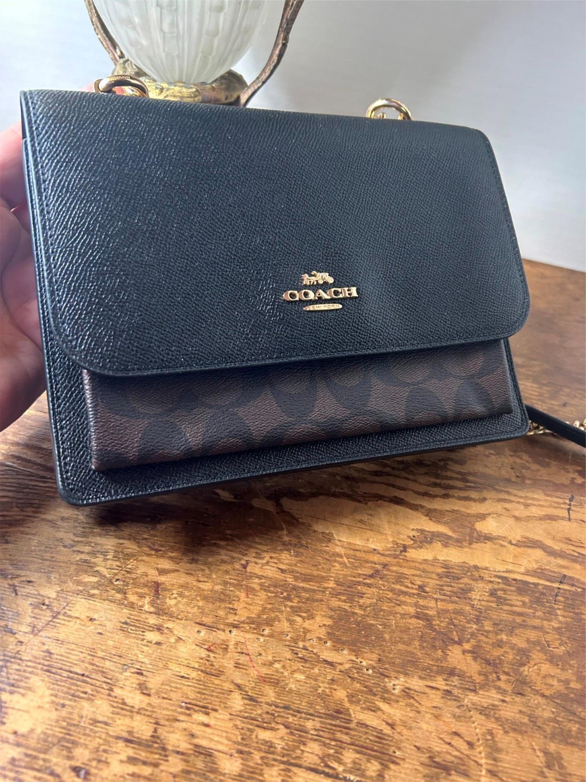 NW0T Coach Klare Crossbody Shoulder Handbag in Crossgrain Brown Black Gold 91019