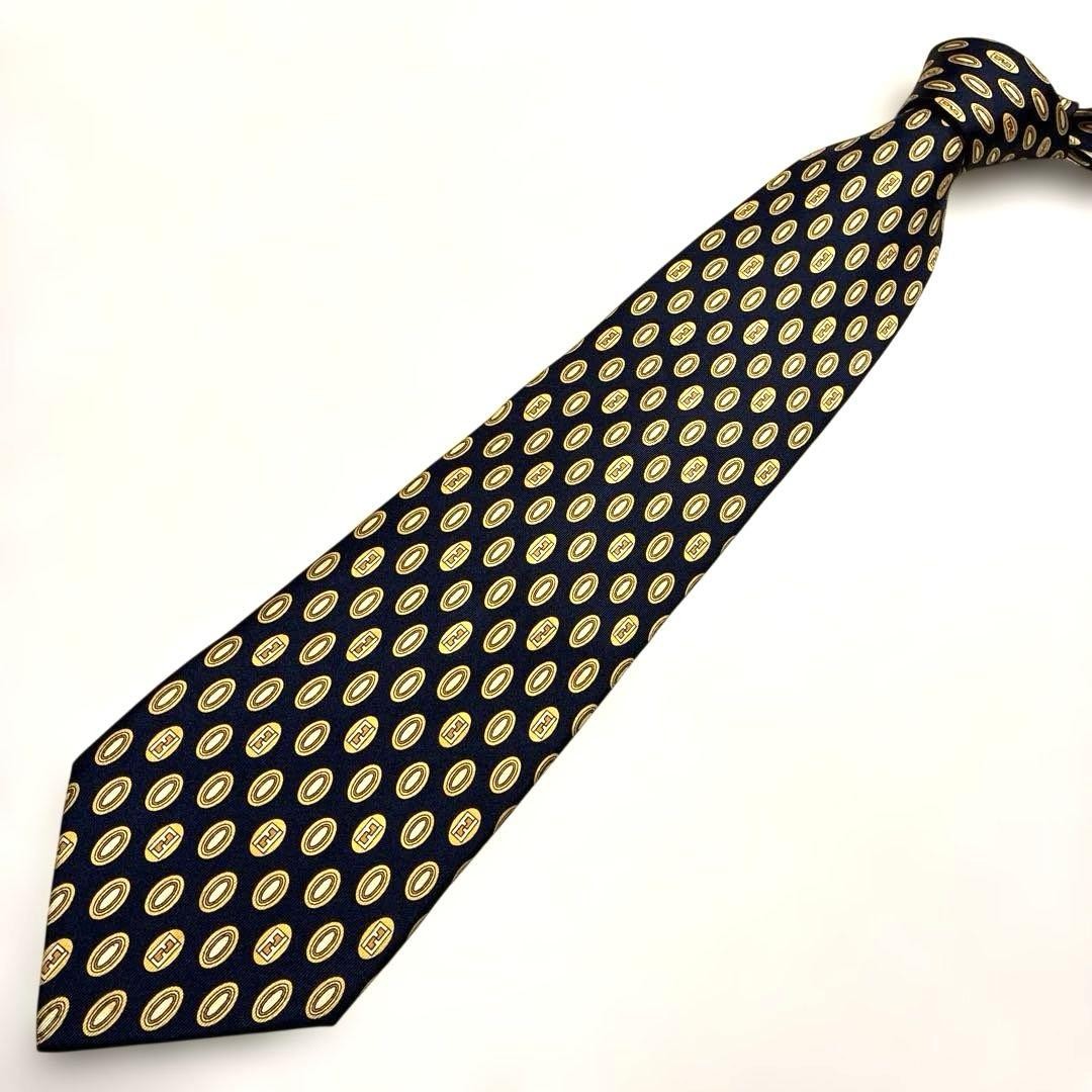FENDI Zucca Pattern Navy Silk Tie Oval Classic Lux Used