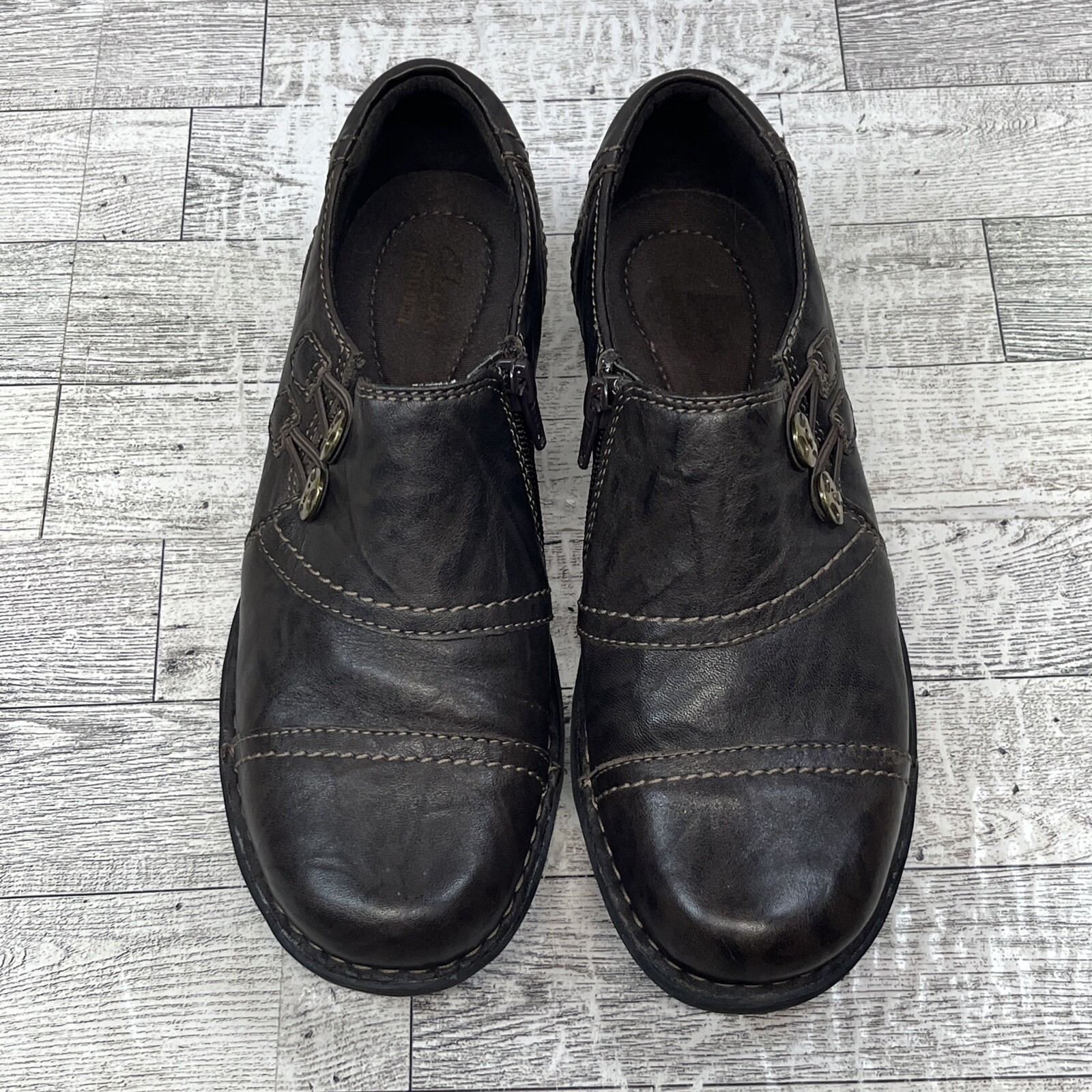 Clarks Collection Shoes Women’s 7M Casual Slip On Loafers Brown Leather Side Zip