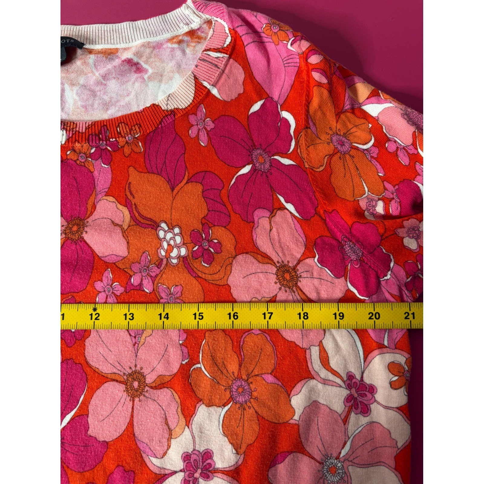TALBOTS Womens Red Pink Floral Long Sleeve Sweater Sz L Hippie Retro Light-Knit