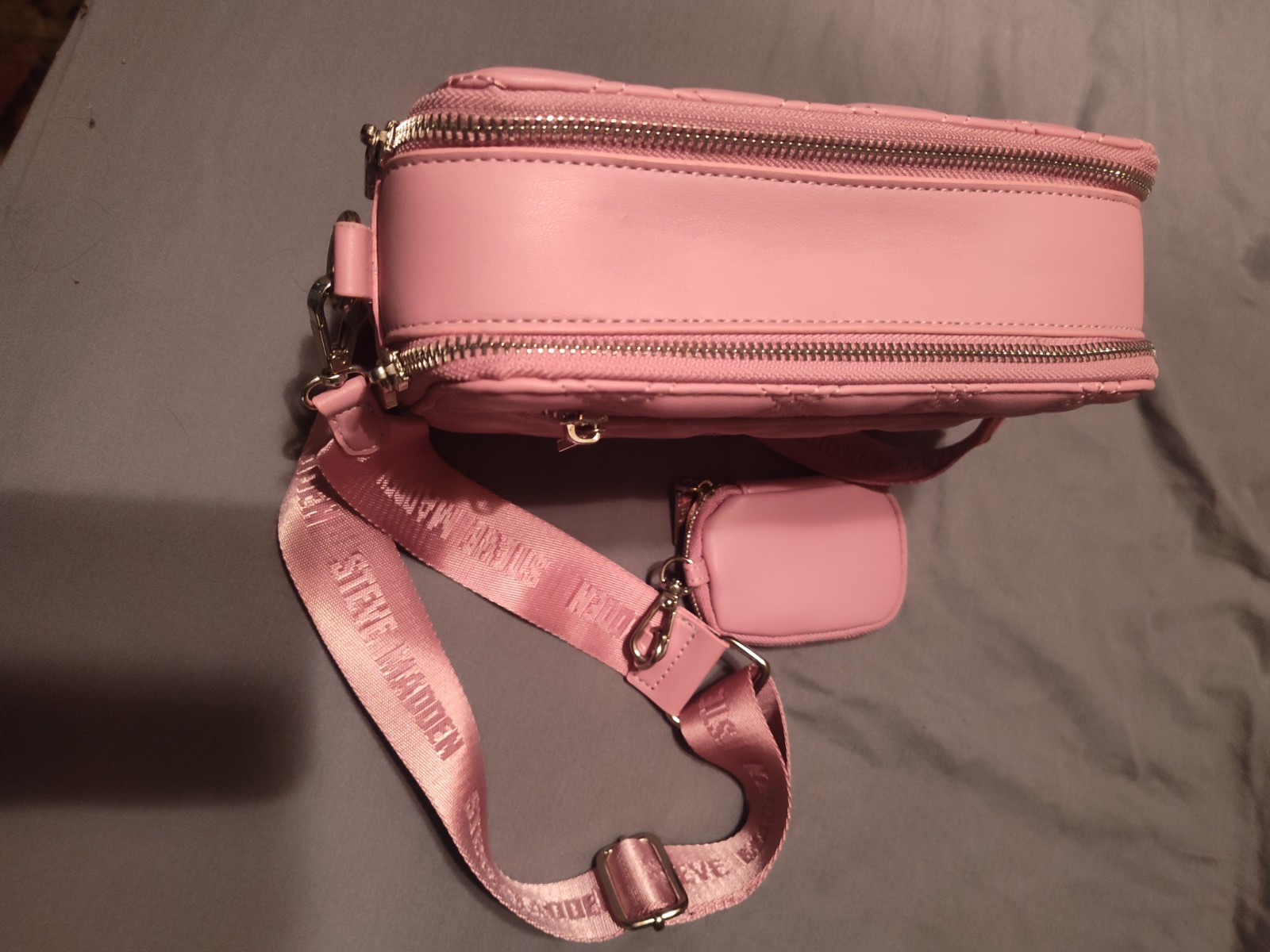 Steve Madden Pink Quilted Crossbody Bag Zip w/ Adjustable Logo Strap, Coin Pouch
