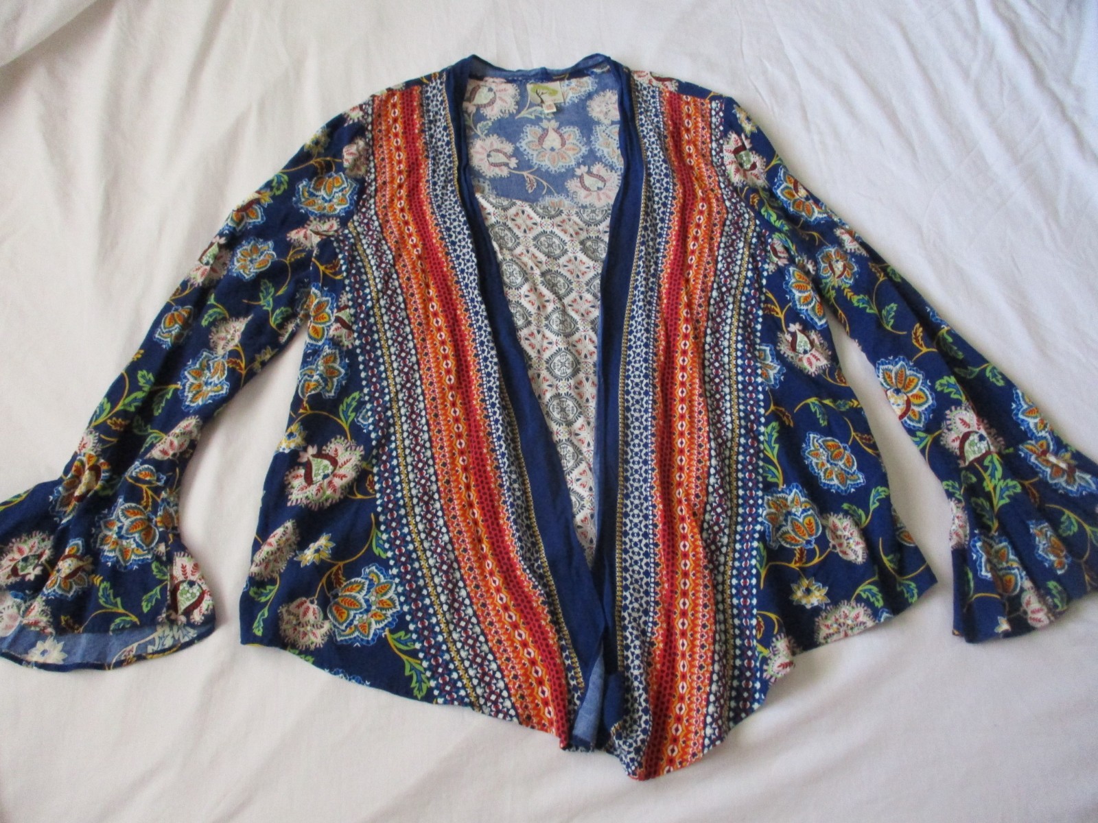 Fig & Flower layered Top Women XL Blue Boho Attached Tank Bell Sleeve Floral