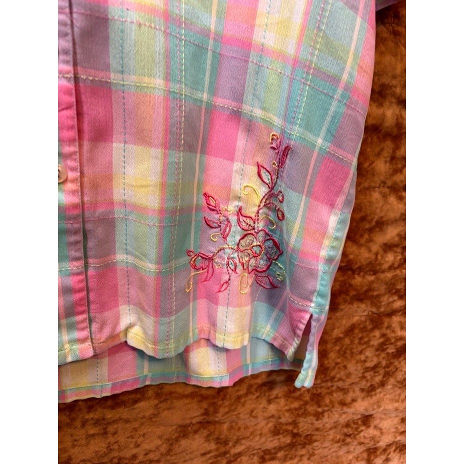 Koret Womens Pastel Plaid Short Sleeve Button Up Shirt Floral Embroidery Pink M