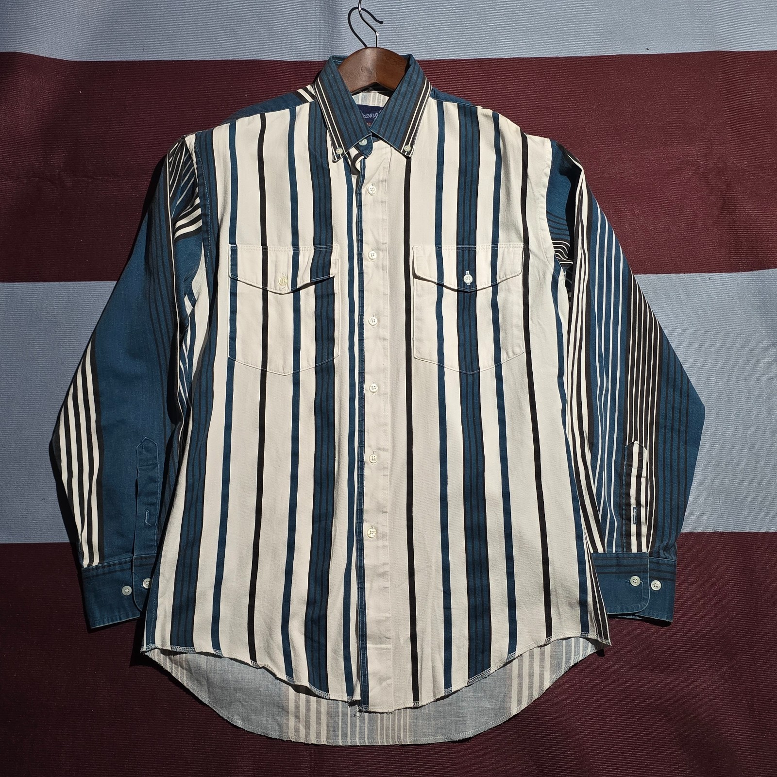 VTG 80-90 Wrangler Striped Colorblock Button Down Shirt Made in USA Mens