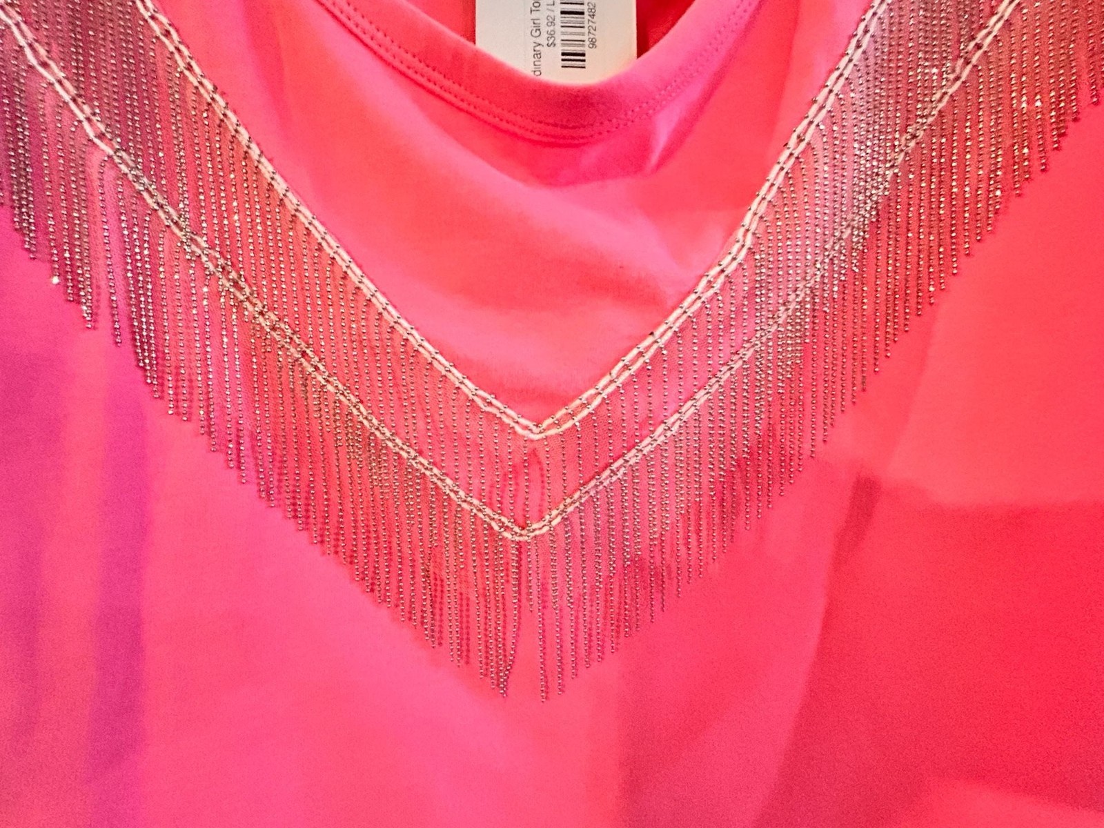 Blue B Collection Ordinary Girl Pink Short Sleeve Top with Bead Fringe V-Detail