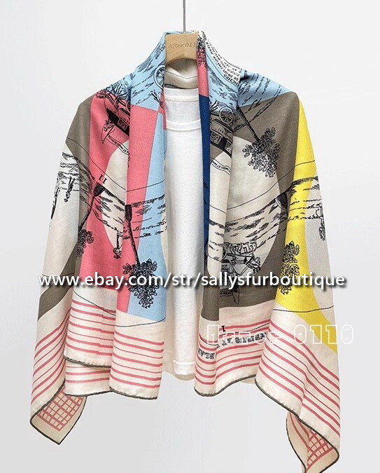 80% Cashmere 20% Silk Wrap Scarf Carriage Vintage Print Square Shawl 53″