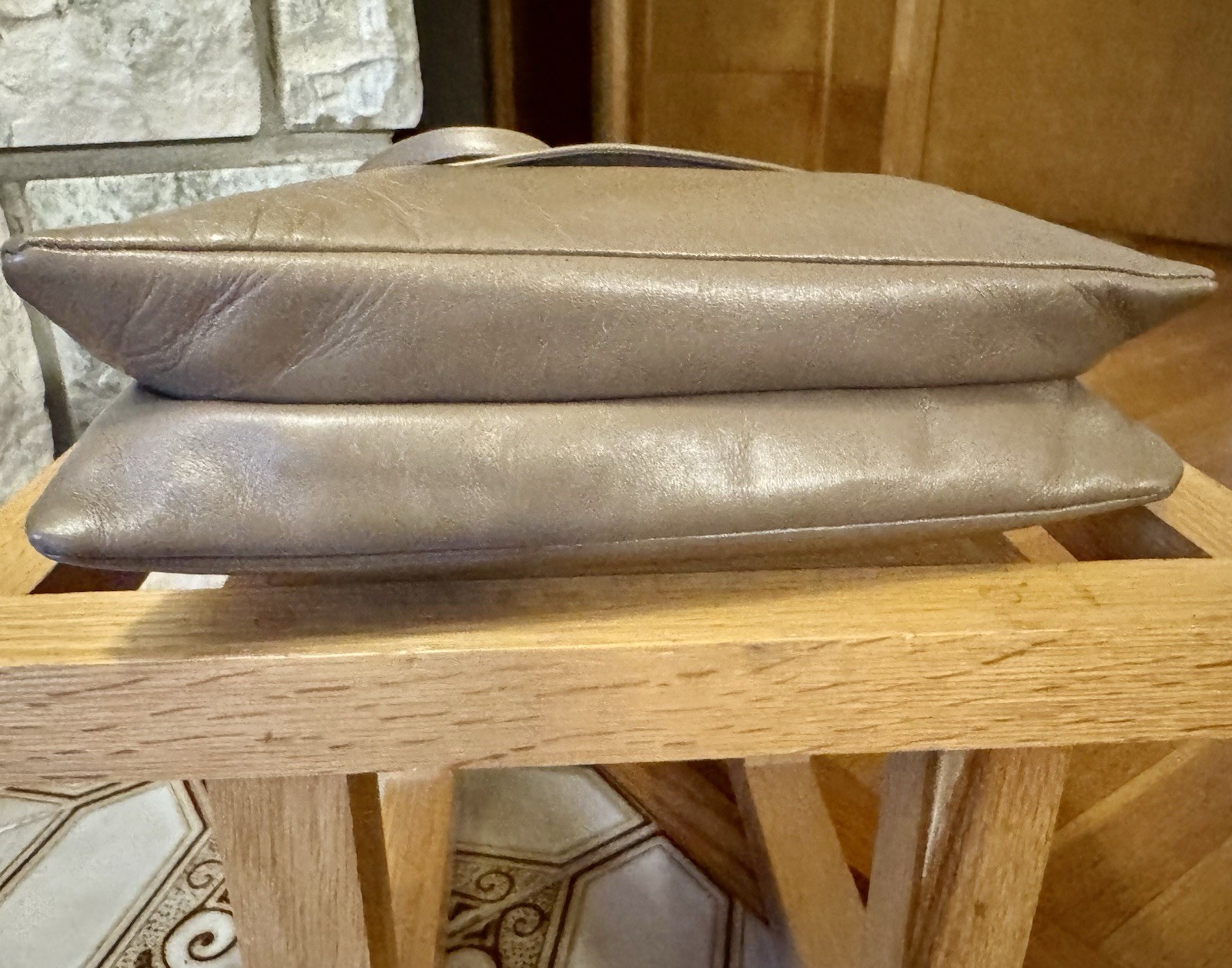 Italian Leather Shoulder Bag 2 Flap Tan Saddlebag Divided Purse Gold Logo Fob