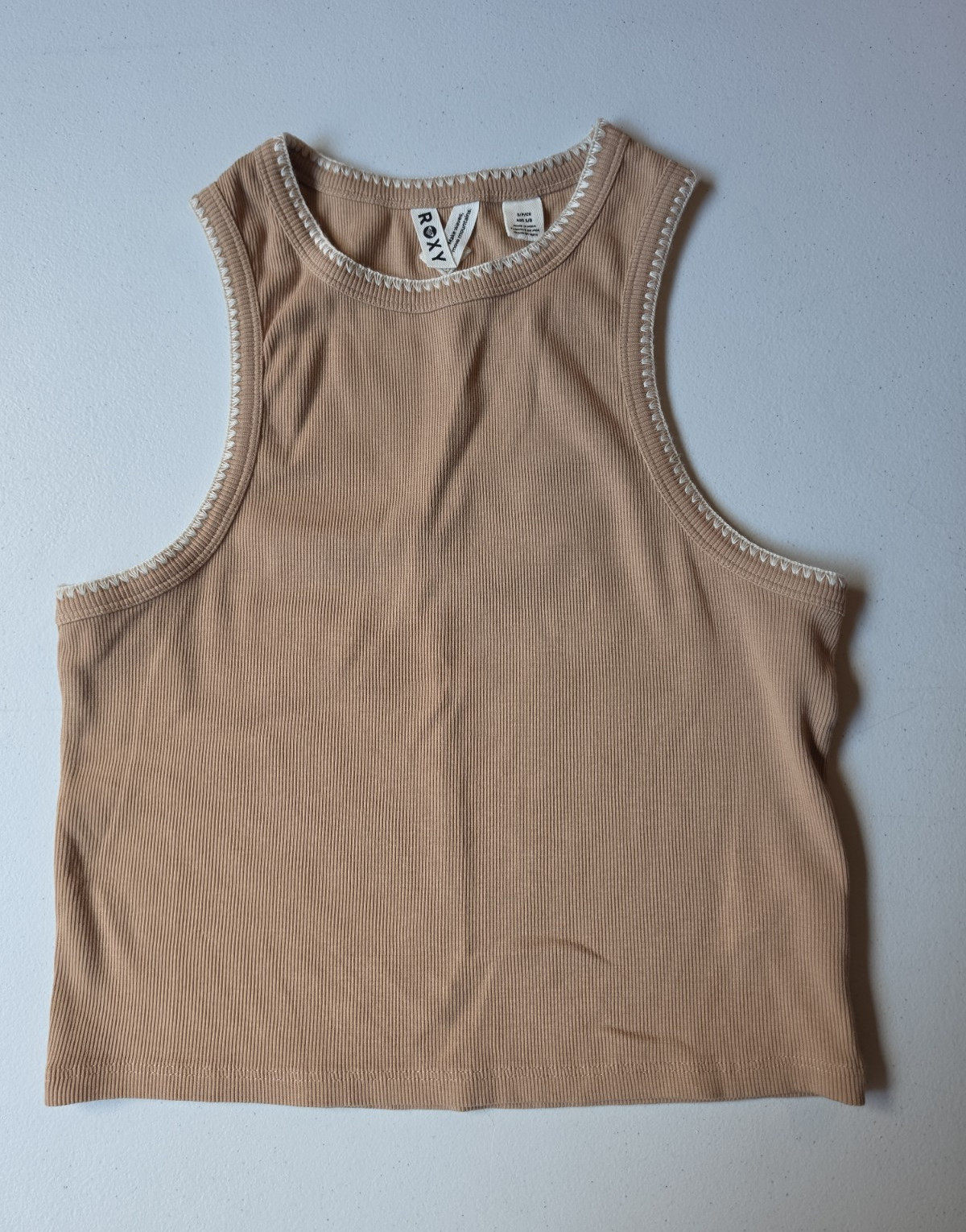 Roxy Women’s S Beige Ribbed Knit Sleeveless Round Neck Tank Top Embroidered