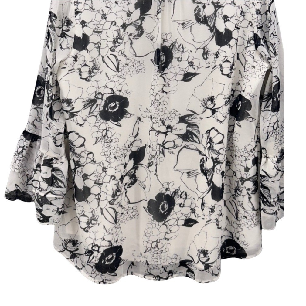 Talbots Womens Blouse Size X Fairy Flowy Boho Black Cream Sheer Bell Sleeve