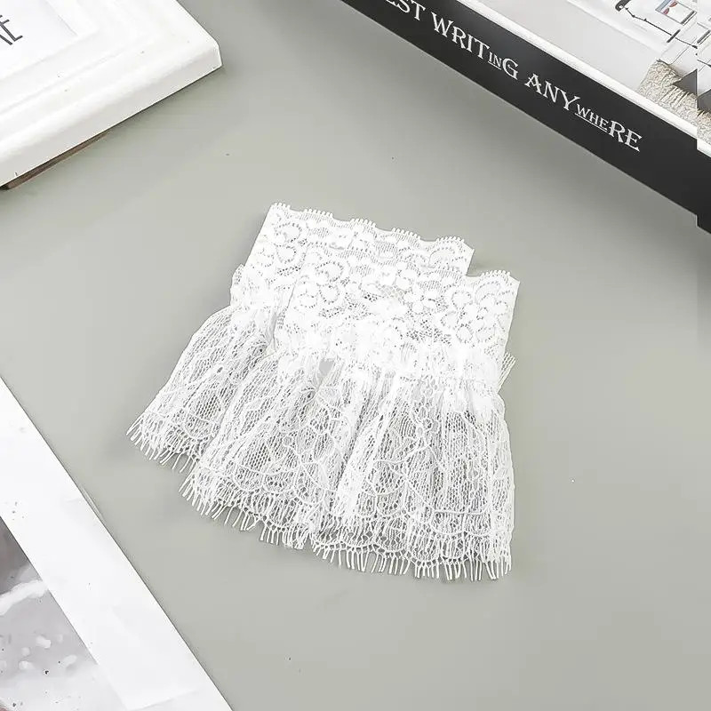 Women Fake Arm Sleeves with Short Tassels White and Black Pleated Cuff Beautiful