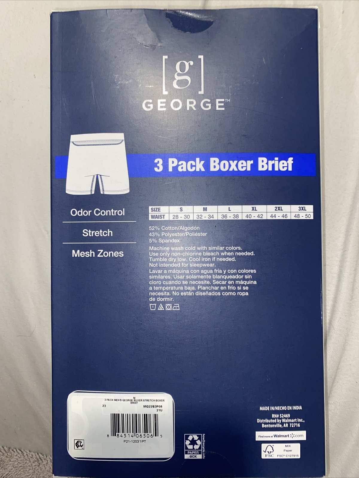 George Men’s Boxer Brief 3 Pack Men’s Size MEDIUM 32-34”” Waist