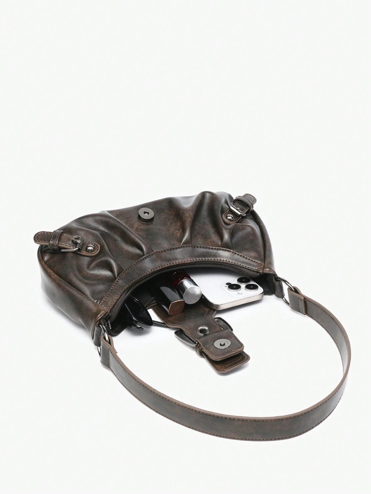 Vintage Burgundy Studded Faux Leather Motorcycle Shoulder Baguette Bag