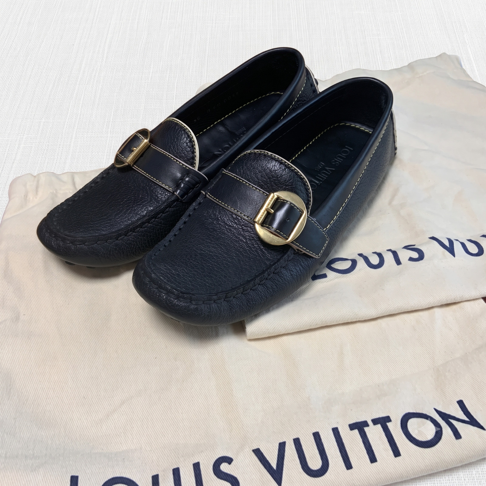 Louis Vuitton Black Leather Driving Loafers Gold Buckle Moccasins US 5 EU 35