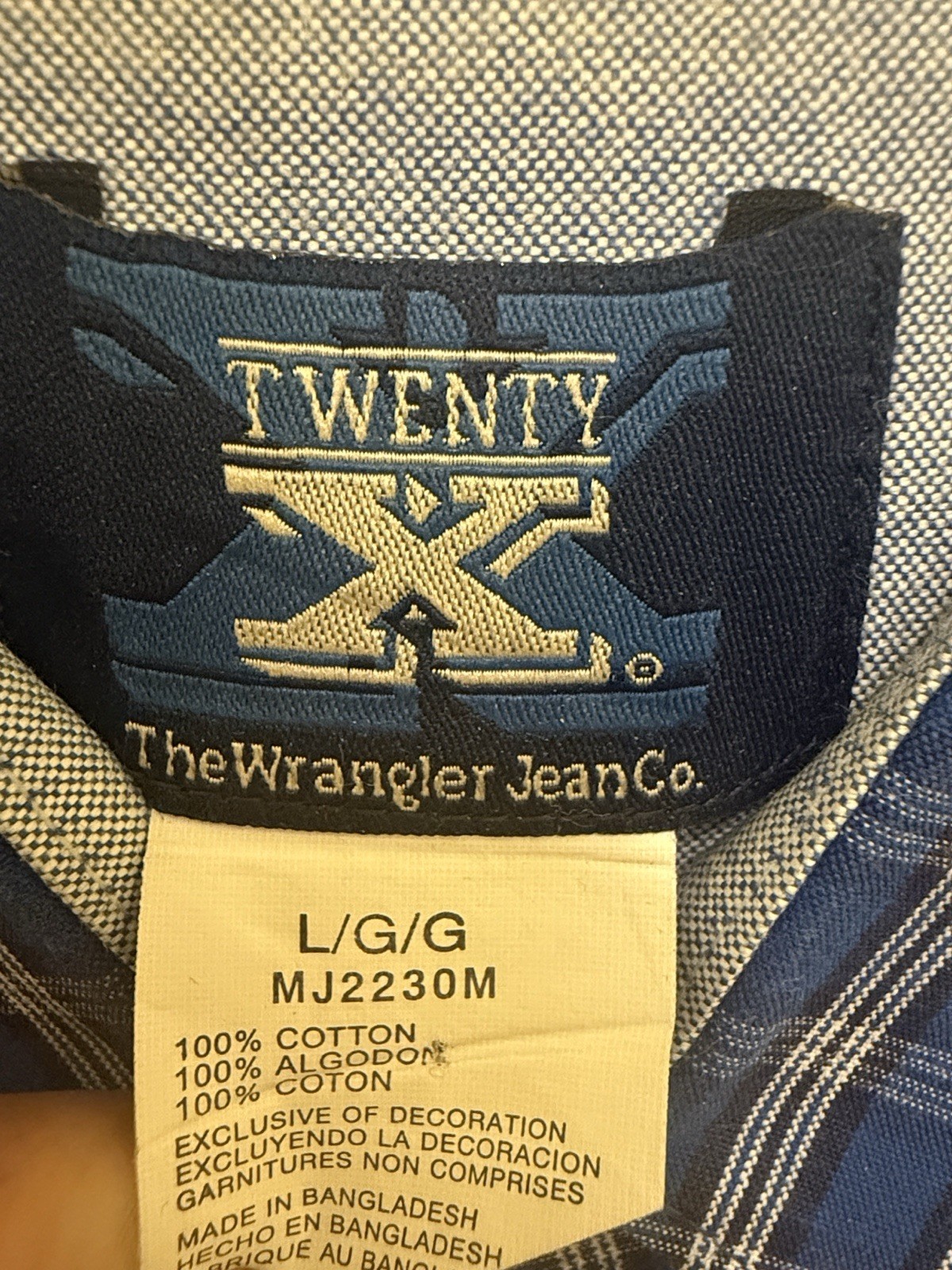 Wrangler Twenty X Men’s L Blue Plaid Long Sleeve Cotton Button-Up Pockets