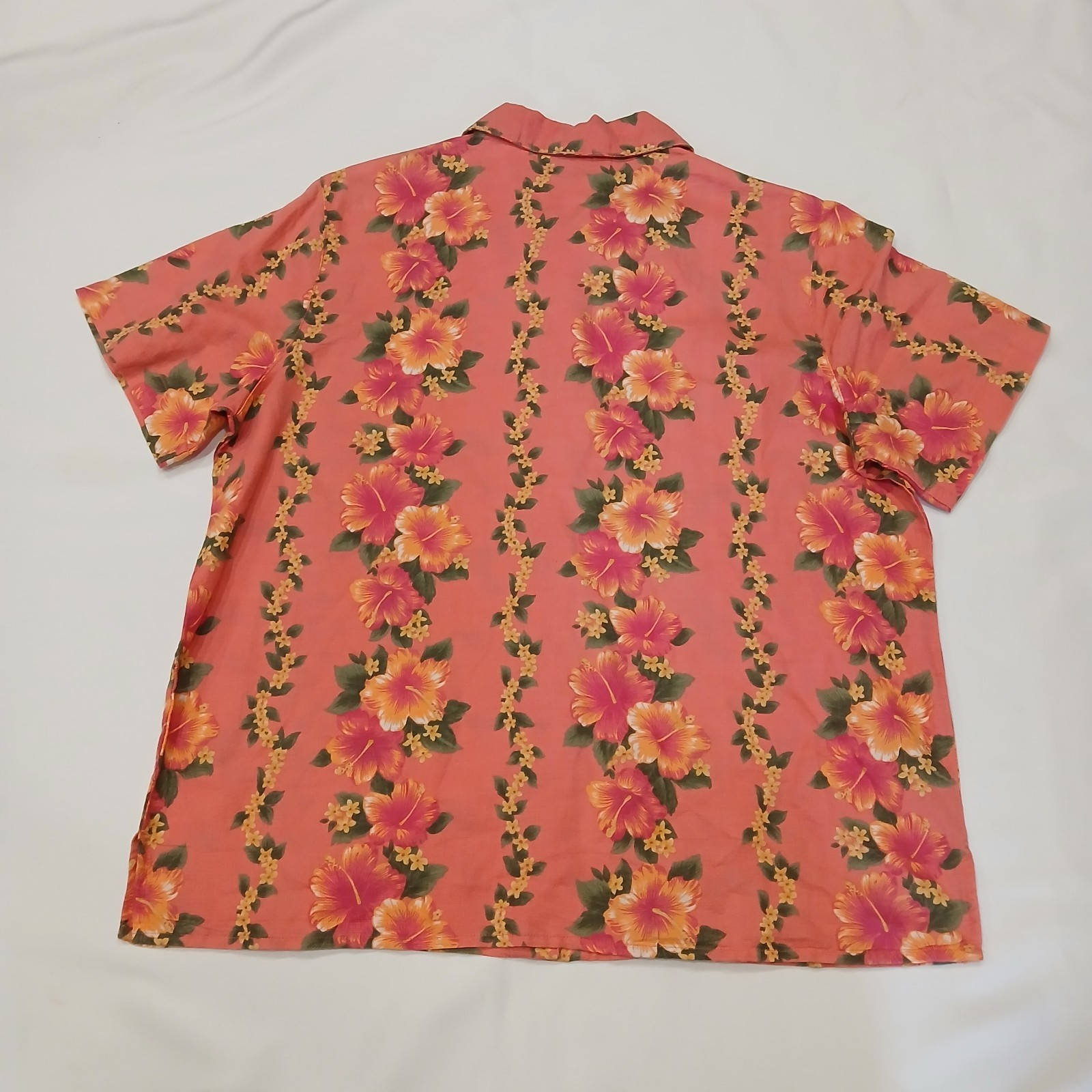 Lemon Grass Womens L Coral Button Up Shirt Hawaiian Hibiscus Linen Cotton Aloha