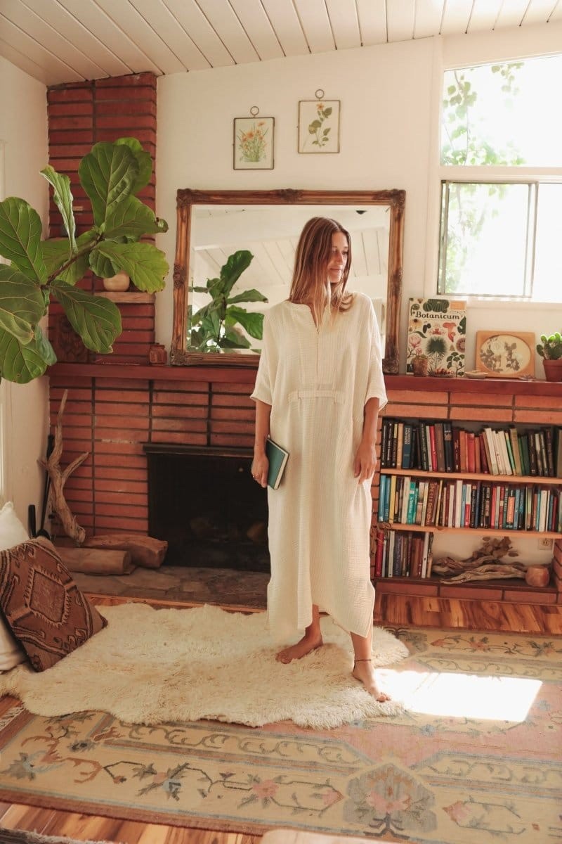 Odd Bird Ruya Tunic Dress XS/S Ivory Organic Cotton Gauze Belted Caftan