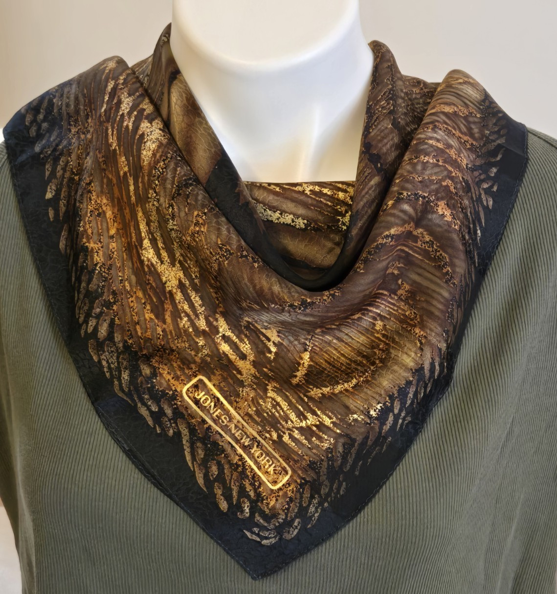 JONES NEW YORK Scarf Jungle Animal Texture Look Olive Brown Black Gold SQ 20″