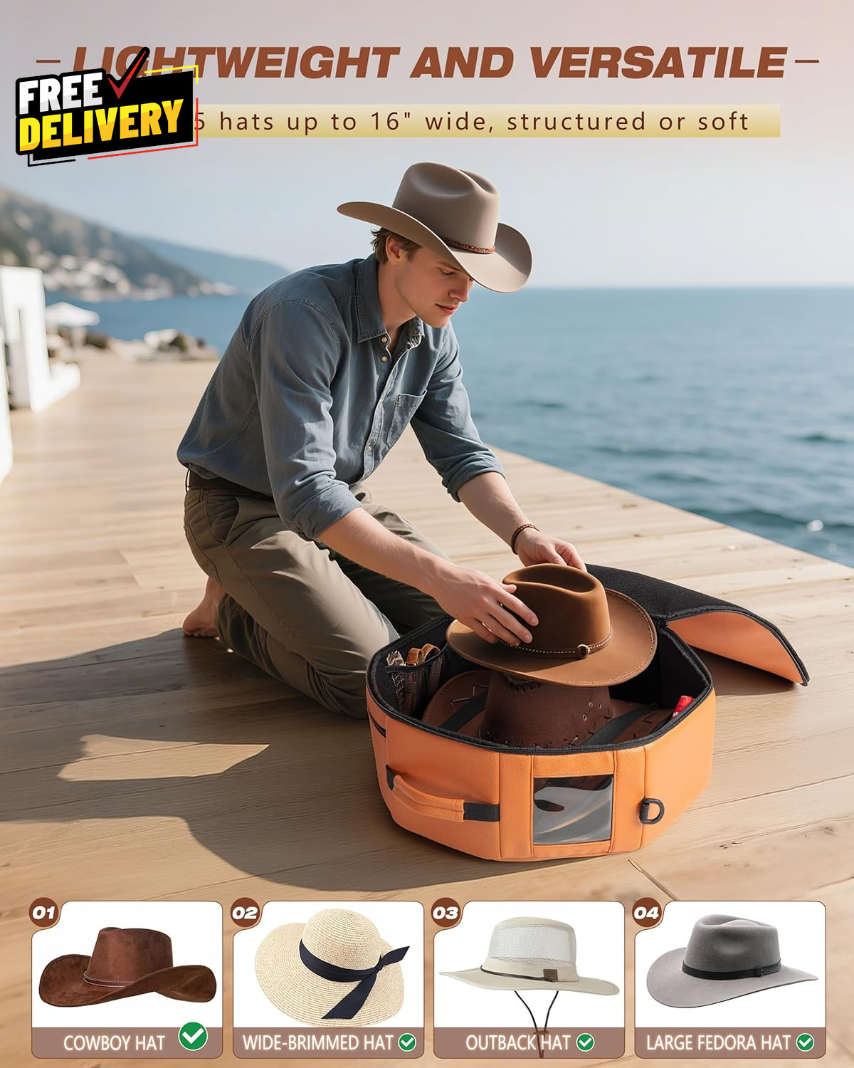 Vegan Leather Hat Box Holds 4 Cowboy Wide Brim Hats Padded Travel Case Brown…