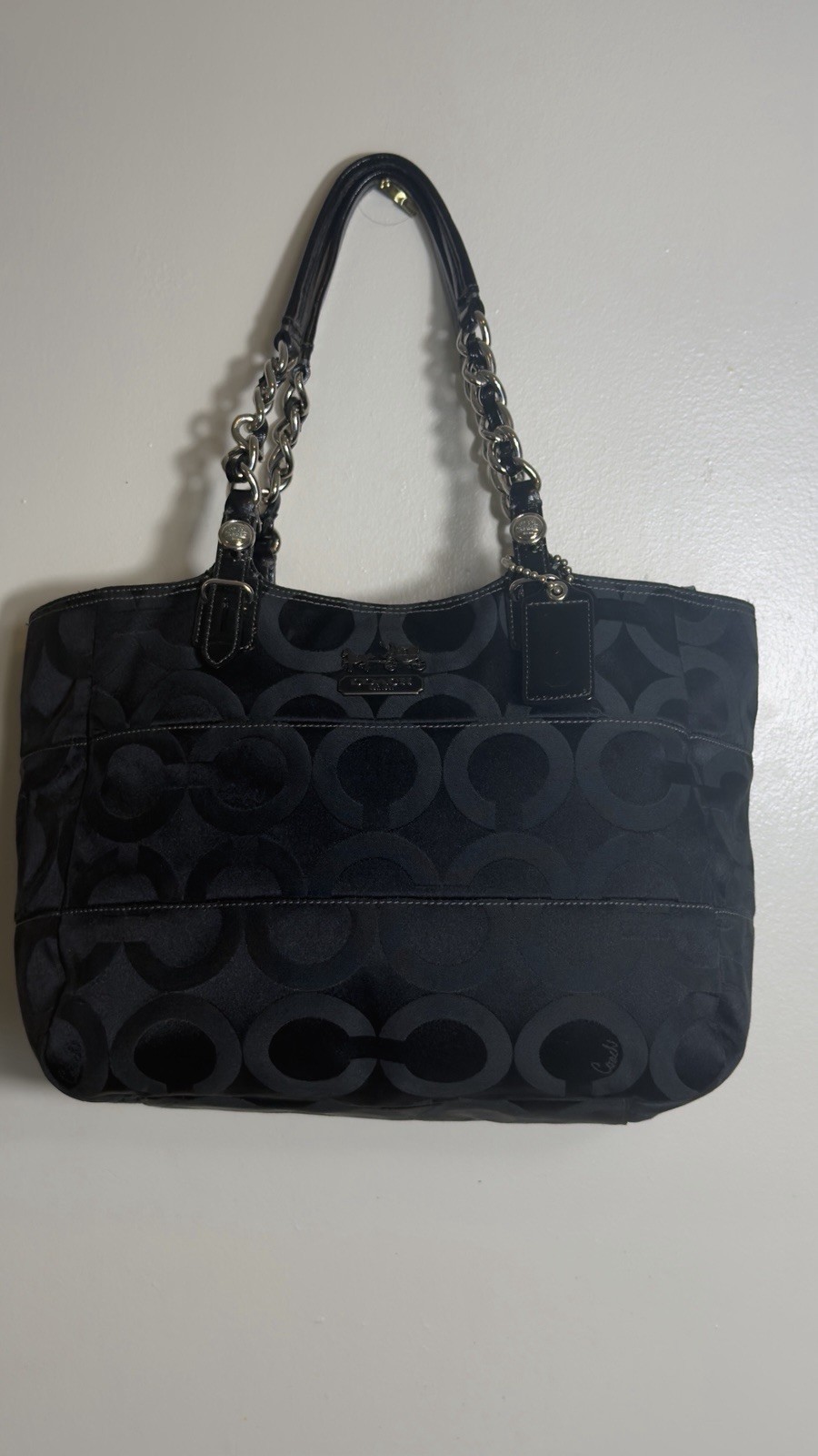 Coach Madison Signature Logo Tote Bag Black Zip Closure Silver Chain Straps