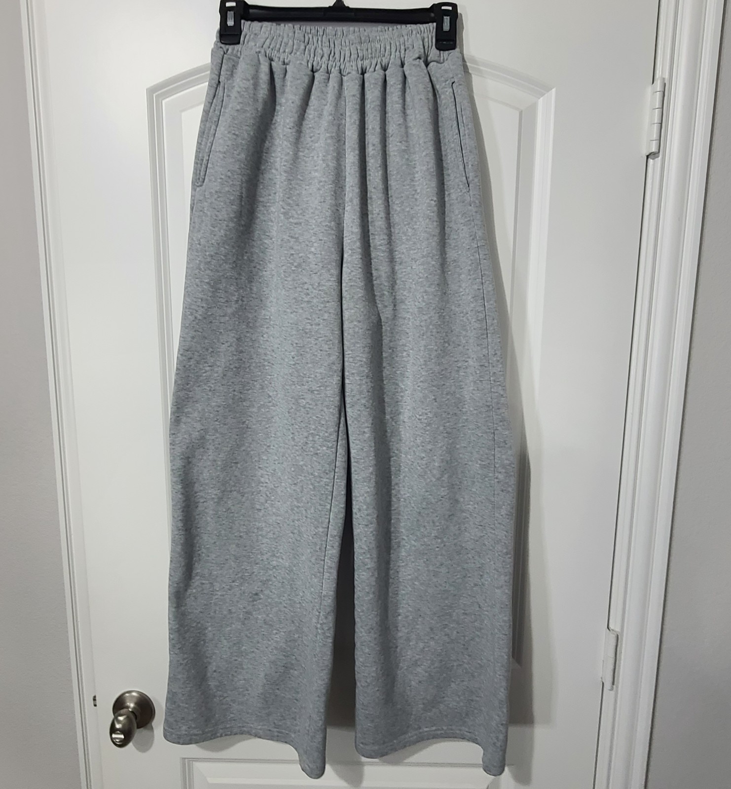 Womens L Gray Wide Leg Sweatpants Elastic Waist Loose Cozy Lounge Cargo Pants Ba
