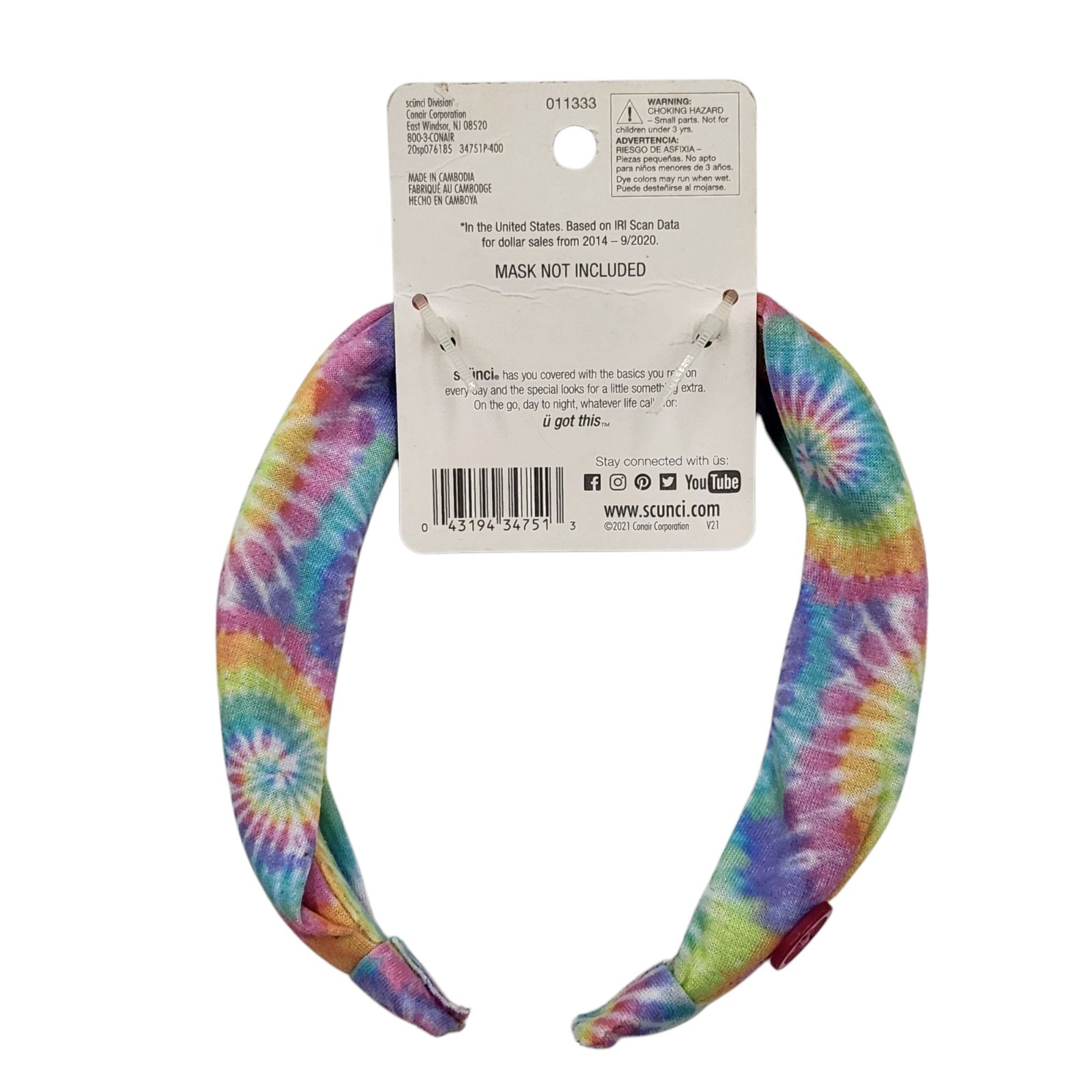 Scunci U Got This Headband with Buttons for Mask 3 Pcs Multicolor Tie Dye Set