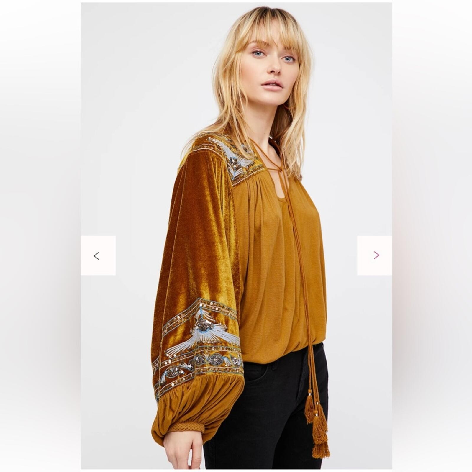 Free People Hearts Aflame Oversized Gold Velvet Embroidered Blouse
