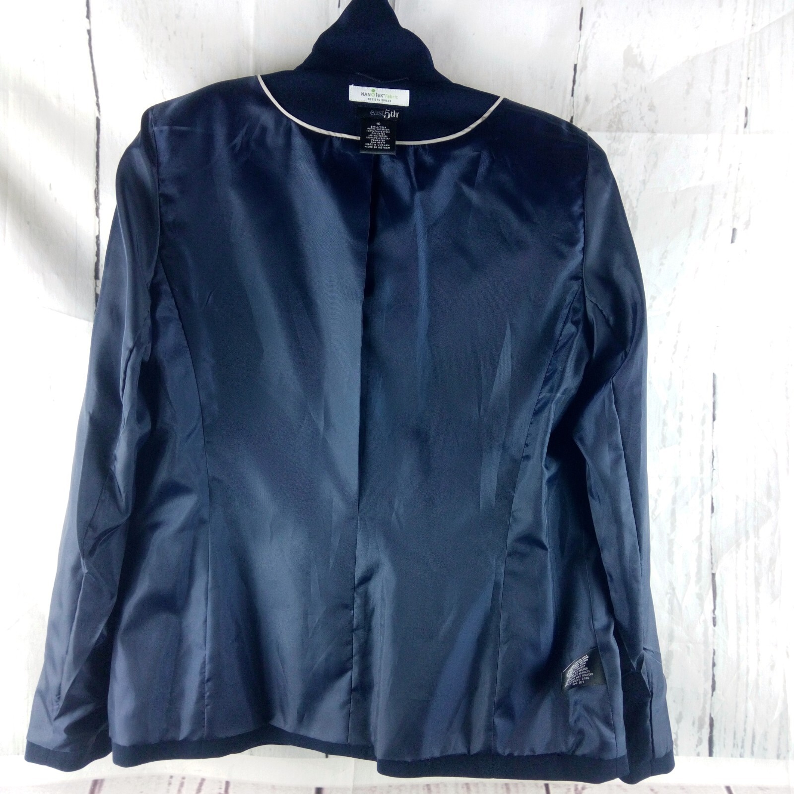 East 5th NanoTex Fabric Womens Size 10 Blue 3 Button Lined Suit Blazer Jacket