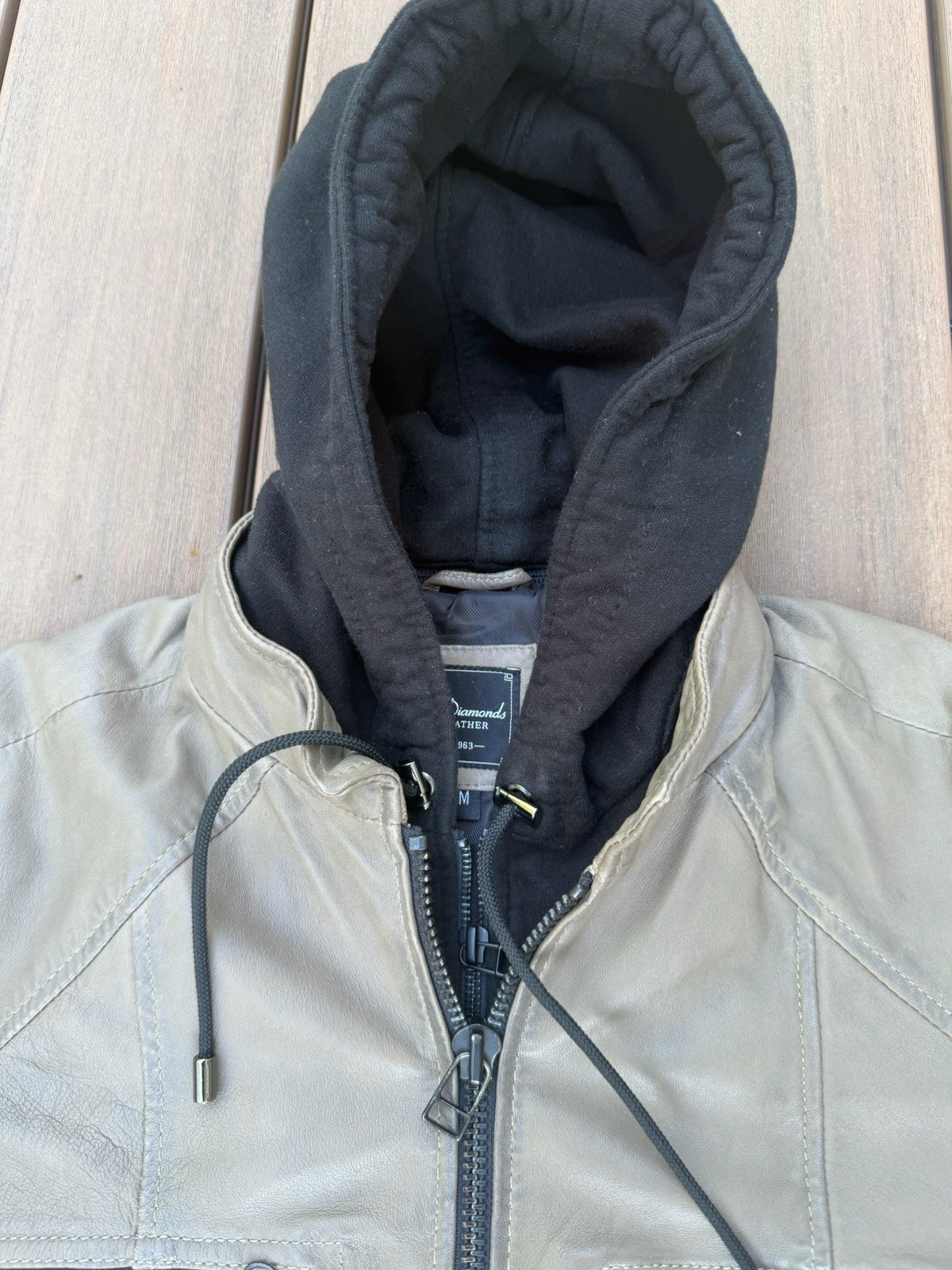 7 Diamonds Men’s Tan Leather Hooded Full Zip Jacket Size M Biker