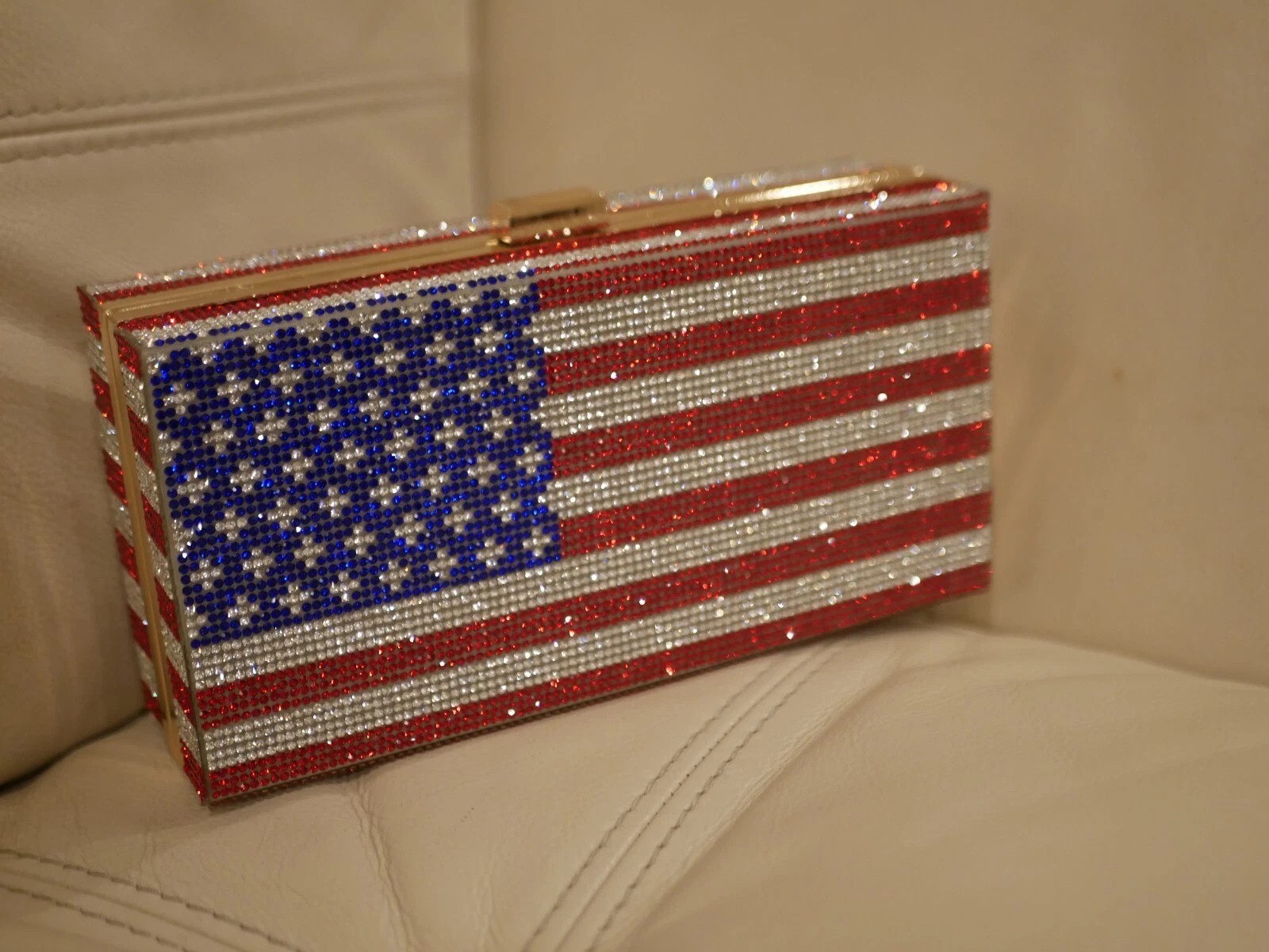 American Flag Rhinestone Evening Clutch Purse Crossbody Patriotic USA Handbag