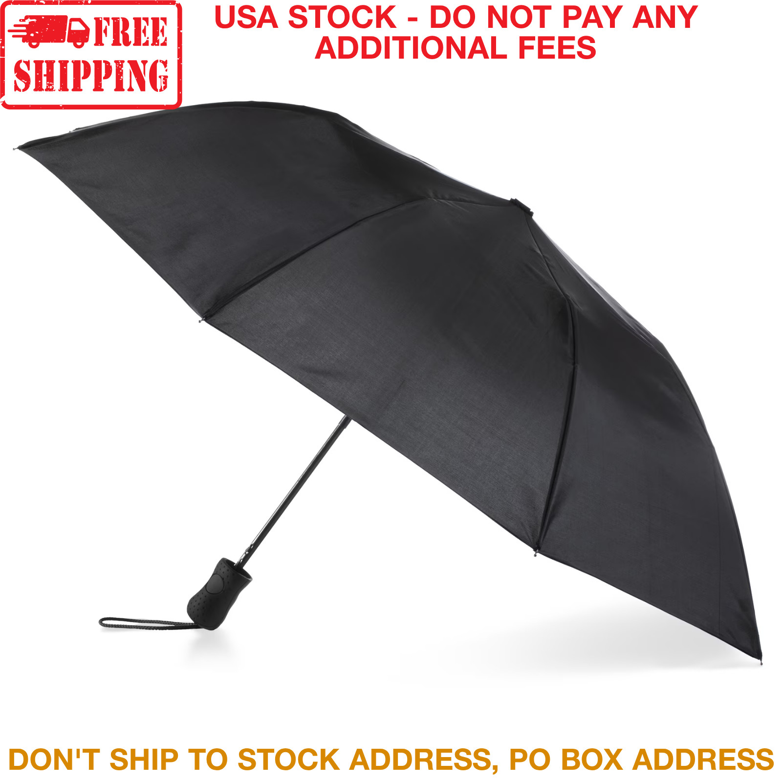 Solid Black Umbrella 42 in Automatic Open Compact Travel Folding Windproof Rain