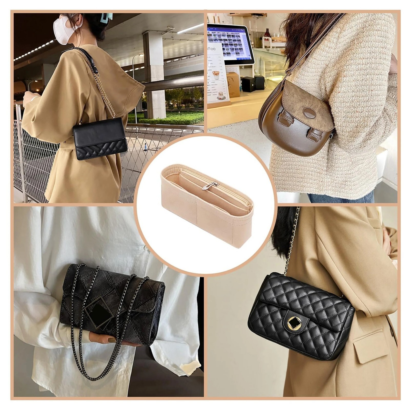 Felt Bag Organizer Insert with Zipper Multi Pocket Purse Liner Handbag Organizer