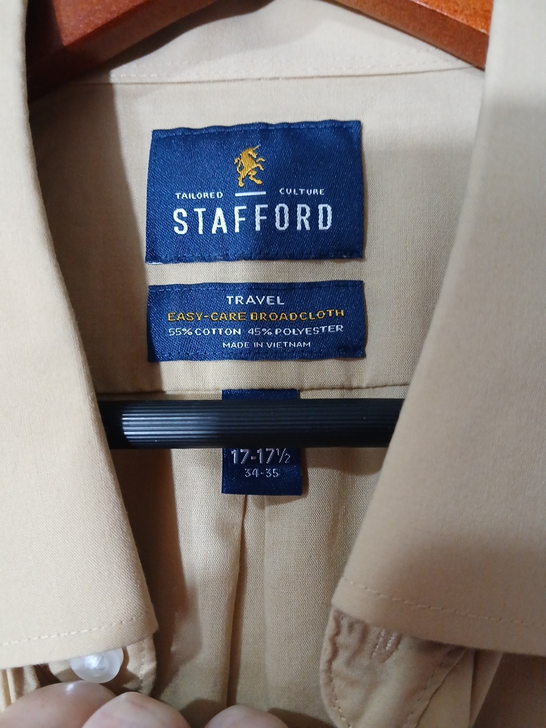 STAFFORD Travel Easy-care Broadcloth Beige Dress Shirt Regular Fit XL 17-17.5