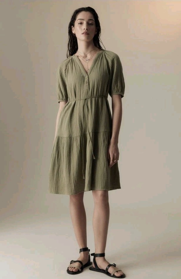 Marks & Spencer Per Una Pure Cotton Textured Notch Neck Tiered Khaki Dress Sz12
