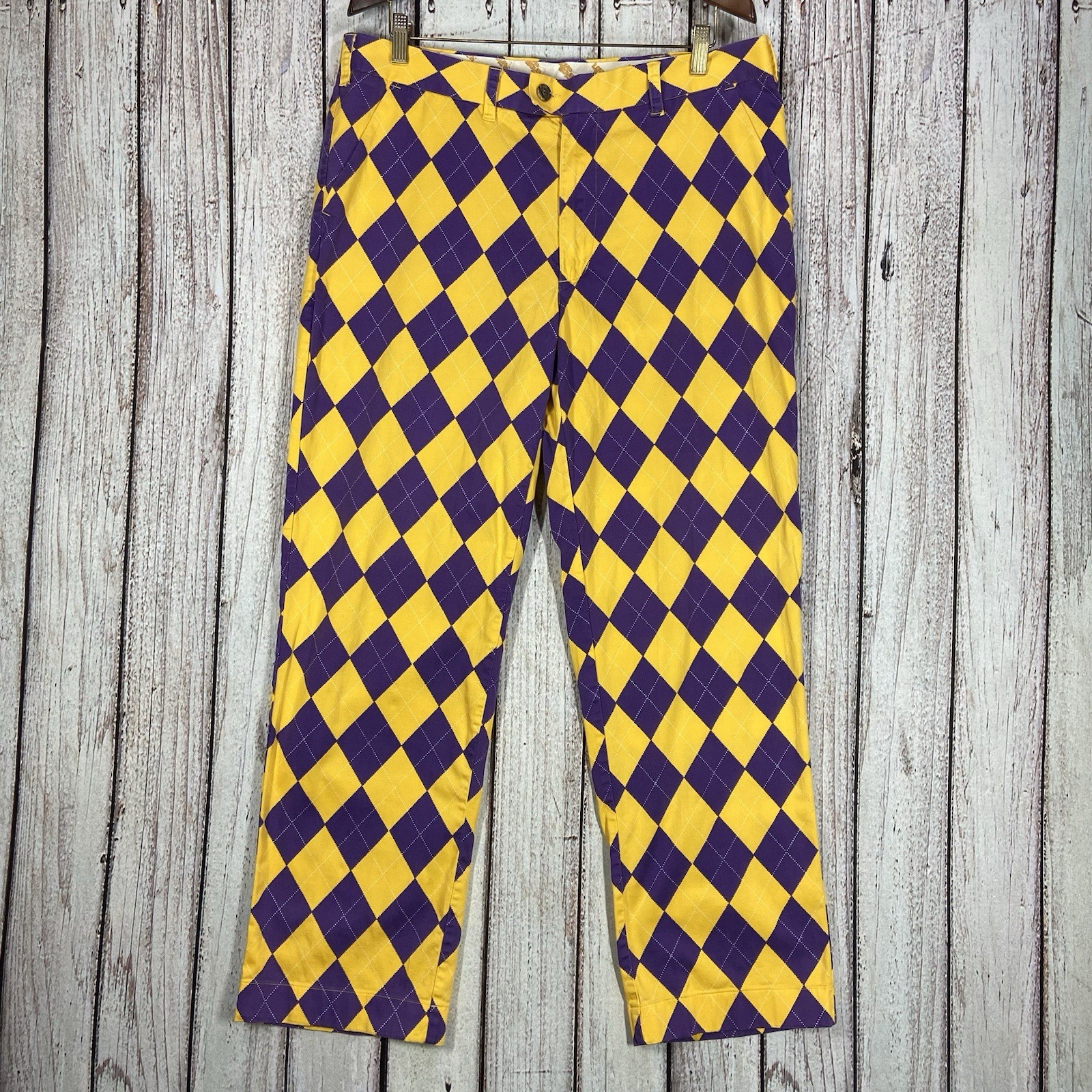 Loudmouth Pants Mens 38 X 32 Yellow Purple Golf Argyle Jester Cotton Checkered