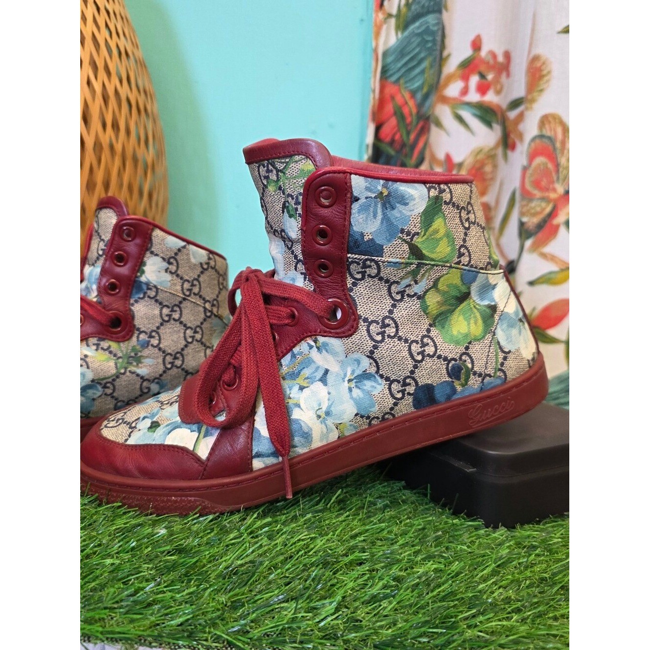 Gucci GG Blooms Floral High Top Sneakers Red Leather Canvas Shoes Size 37