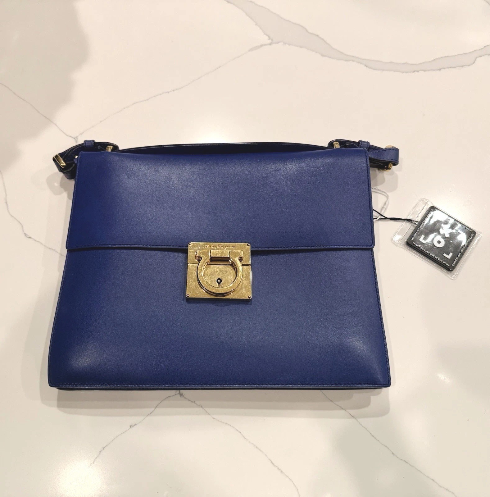 Auth Cert – Salvatore Ferragamo Blue Shoulder Bag Turn Lock Gold Hardware