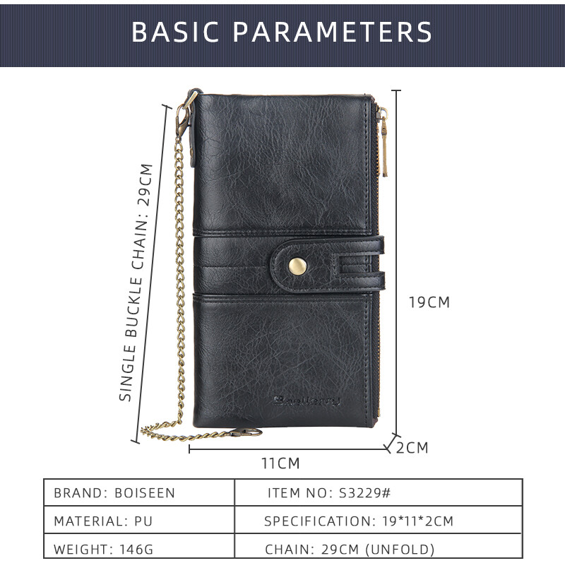 Men’s Long Wallet with Chain Leather RFID Blocking Biker Trucker Bifold Zipper
