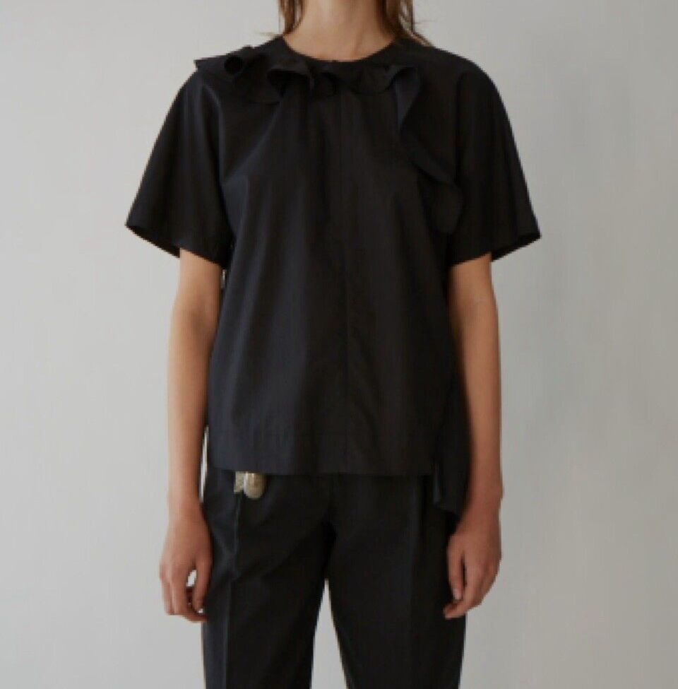 $470 Acne Studios Women Black Short Sleeve Ruffle Laurine Top Size EU 36 / US 4