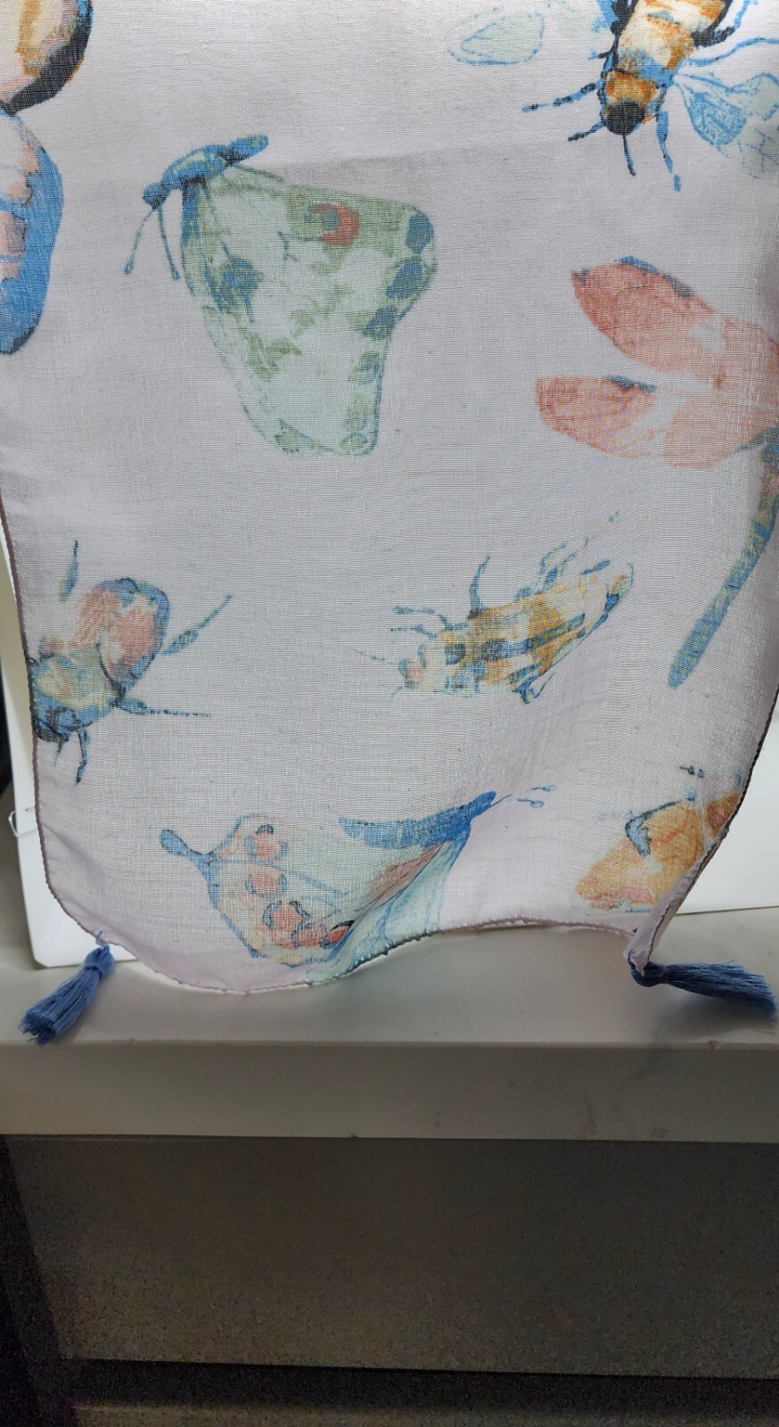 Pink Butterflies Insects Scarf Blue Tassels 58 In Lightweight